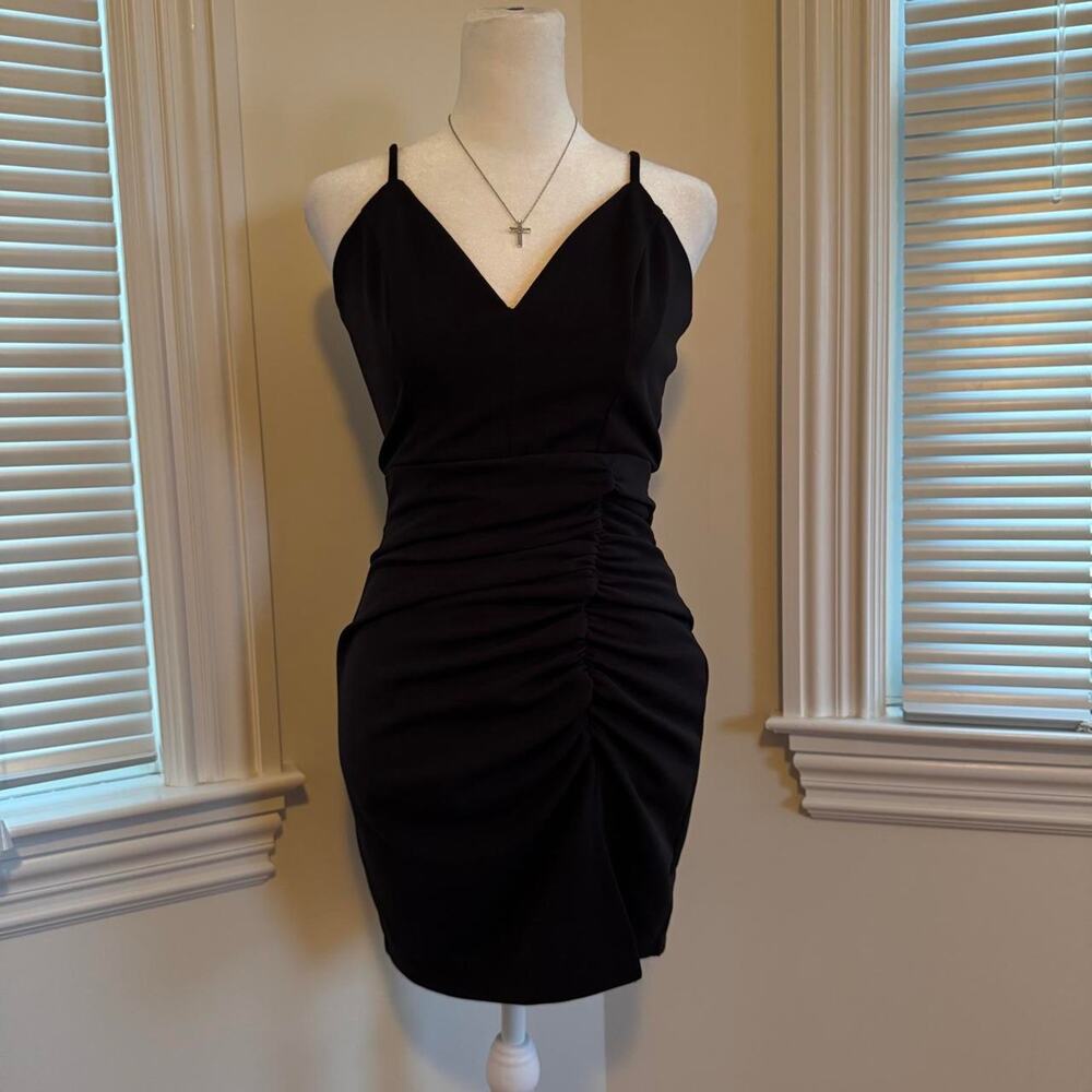 Emerald sundae black ruched mini dress with slit